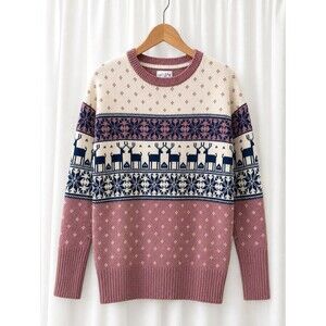 Shrinking Violet Rose Plum Reindeer Fair Isle Nordic Design Knit Sweater
